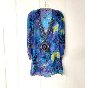 Beaded Goddess Sheer Peacock Blue Floral Swim Cover Up with Beading